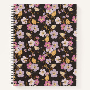 Weibliche Spur von Floralen und Vögeln - Schwarz/G Notizbuch