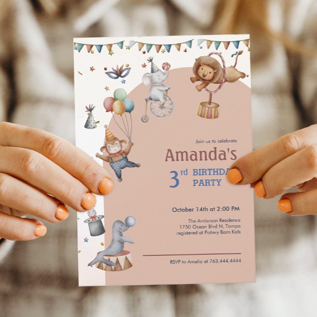 Weibliche Tiere Circus Geburtstagsparty Einladung (Whimsical Animals Circus Birthday Party Invitation)