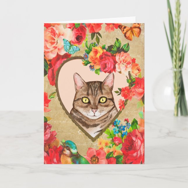 Weibliche Valentine mit Katze in einem Herz-Rahmen Karte (Vorderseite)