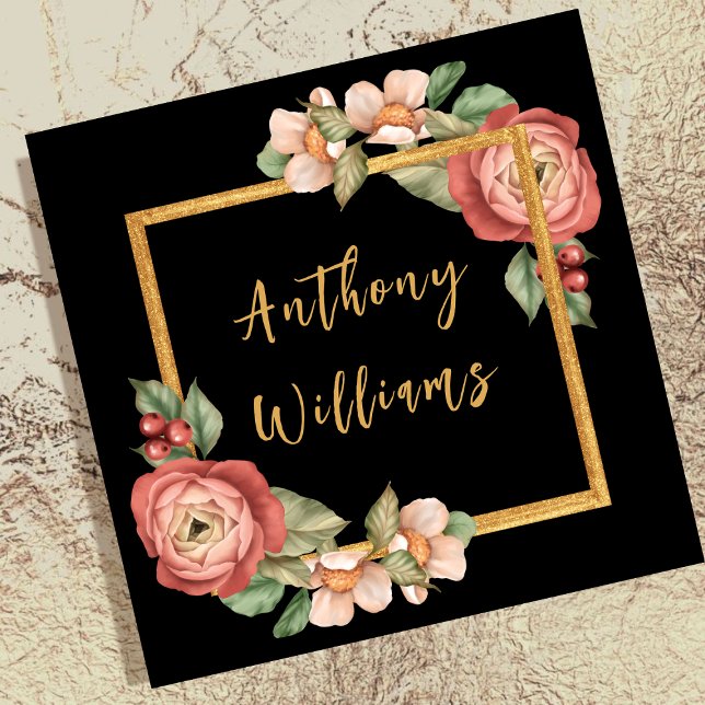 Weibliche Vintage Blütengoldbräune Rosa Quadratische Visitenkarte (Von Creator hochgeladen)