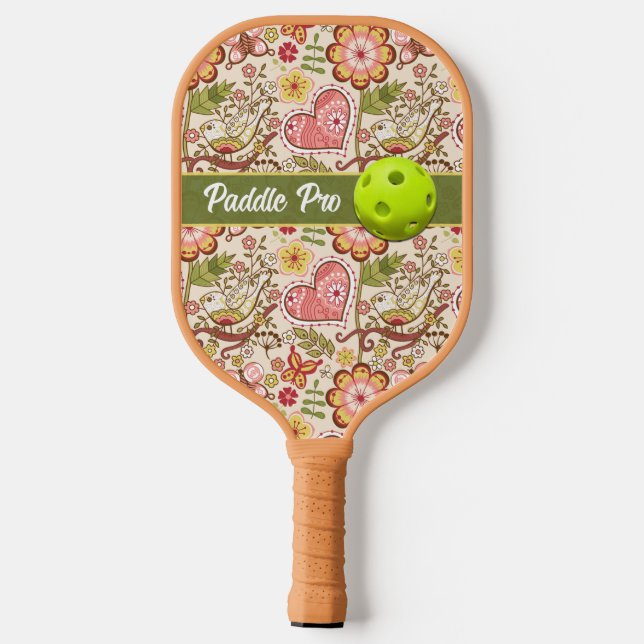 Weibliche Vögel, Blume, Herzsattel Pro Pickleball Schläger (Rückseite)