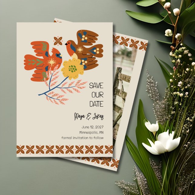Weibliche Vogelkunst Save the Date Einladung (Our easy-to-use template allows you to personalize this design in no time. )