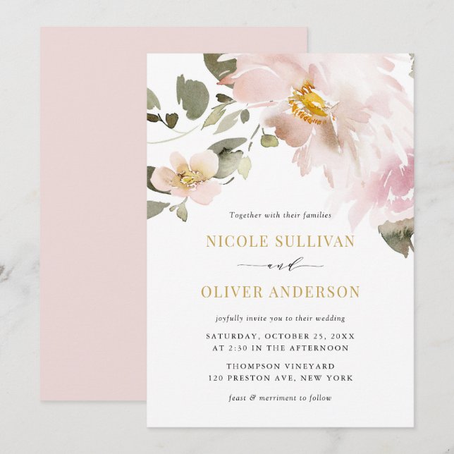 Weibliche Wasserfarben Blush Blume Hochzeit Einladung (Vorne/Hinten)