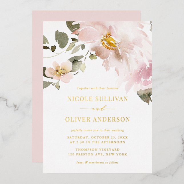 Weibliche Wasserfarben Blush Blume Hochzeit Folieneinladung (Vorderseite/Rückseite)
