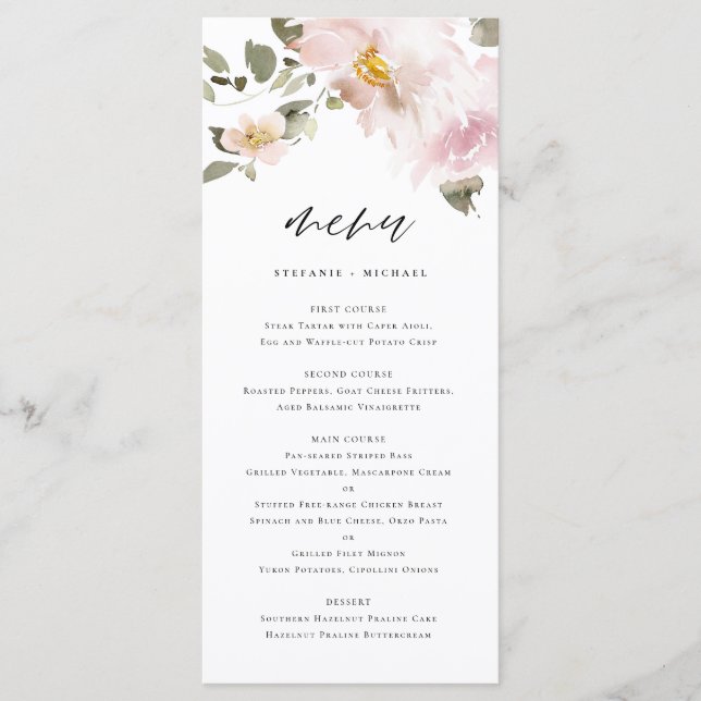 Weibliche Wasserfarben Blush Blume Hochzeit Menükarte (Vorderseite)