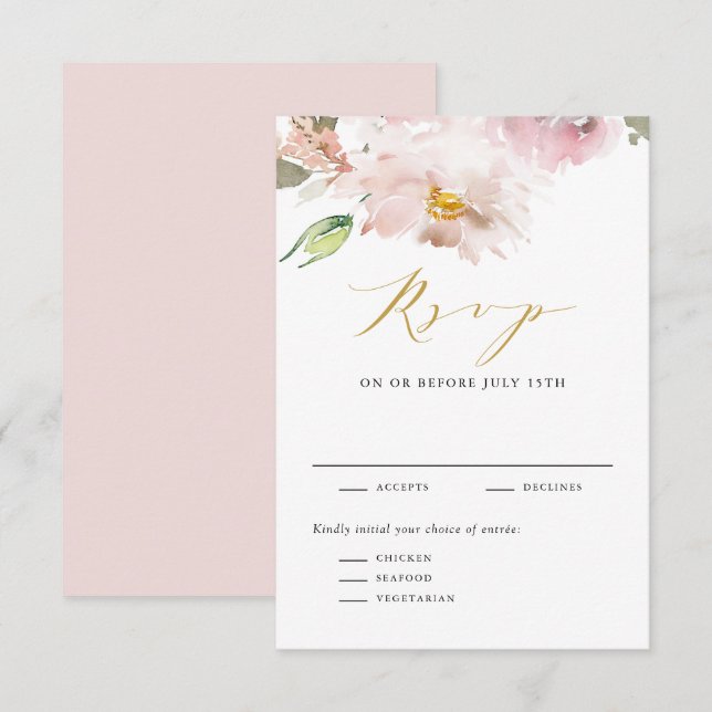 Weibliche Wasserfarben Blush Blume Hochzeit RSVP Karte (Vorne/Hinten)