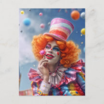 Weiblicher Clown mit Blumen. Lustige Postcard