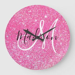 Weiblicher Glam Hot Pink Glitter Funken Monogramm Große Wanduhr