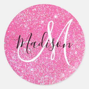 Weiblicher Glam Hot Pink Glitter Funken Monogramm Runder Aufkleber