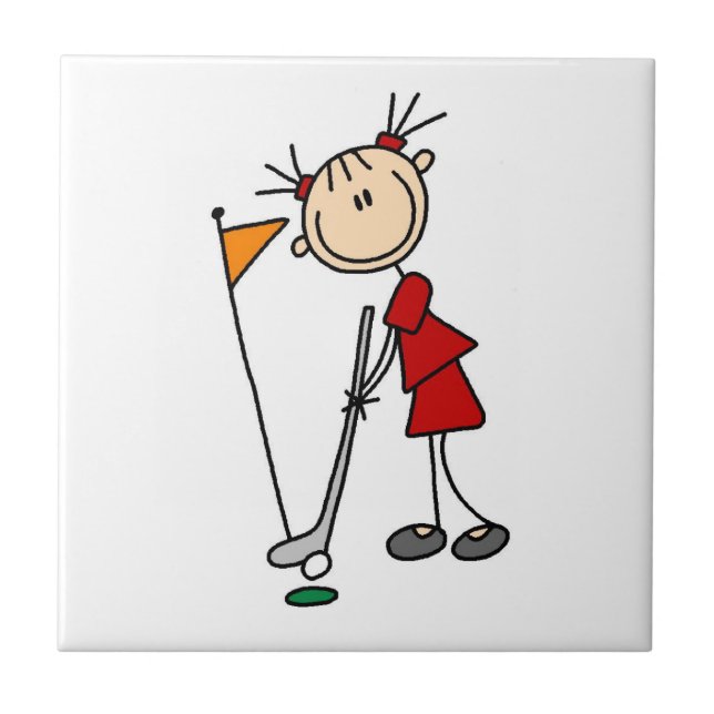 Weiblicher Golfer als Strichmännchen Fliese (Vorderseite)