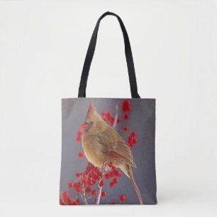 Weiblicher Kardinal unter Weißdorn Tasche