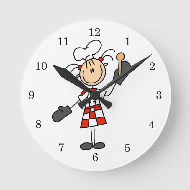 Weiblicher Koch mit Mitten und Holzlöffel Runde Wanduhr (Vorderseite)
