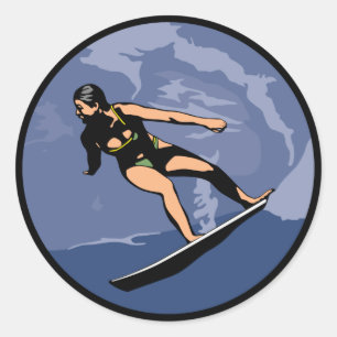 weiblicher Surfer-Aufkleber Runder Aufkleber