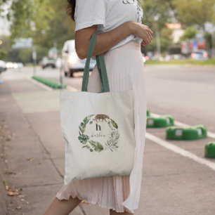 Weiblicher Wasserfarben-Grünkränz Monogramm Tragetasche
