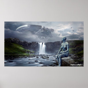 Weibliches alien und UFO-Raumschiff-grafische Poster