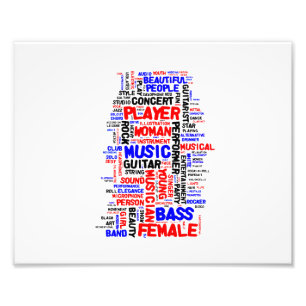 Weibliches Bass-Spieler wordle 1 rotes blaues Fotodruck