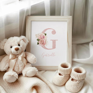 Weibliches, hellrosa, goldenes Glitter-Blumen-Mono Poster