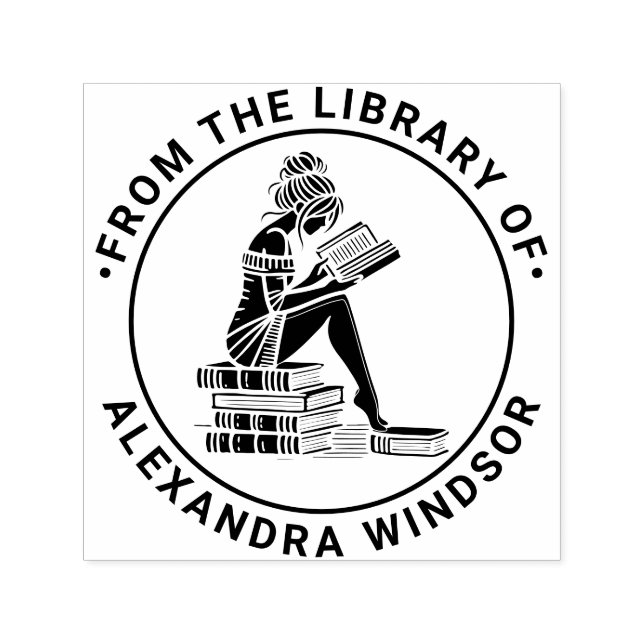 weibliches Lesen auf der Buchstapelbibliothek Na Permastempel (Design)