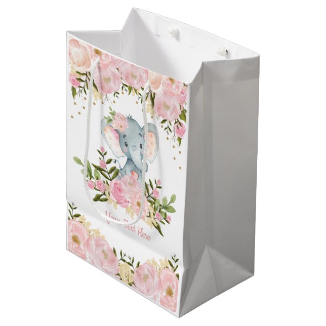 Weibliches rosa Goldelefant-Baby-Aquarell mit Mittlere Geschenktüte (Vorderseite Schrägansicht)