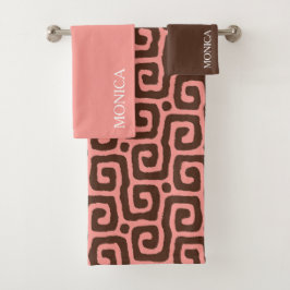 weibliches Rosa und braunes abstraktes Schriftname Badhandtuch Set