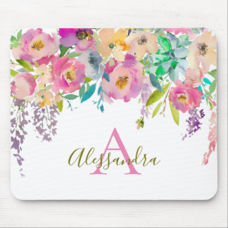 Weibliches Trendy Watercolor-Blumen-Monogramm Mousepad