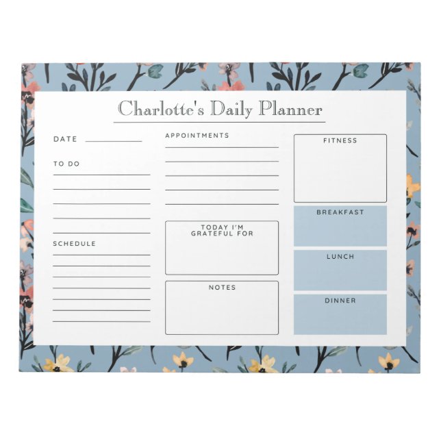 Weich blau Rustikal Boho Wasserfarben Blüte Custom Notizblock (Vorderseite)