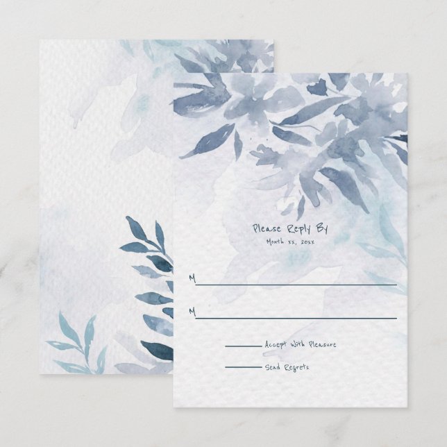 Weich blaue Aquarellfarben-Blätter Hochzeit RSVP Karte (Vorne/Hinten)