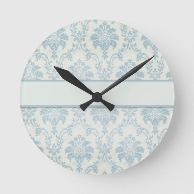 Weich blaue Damasle mit weißem Etikett Runde Wanduhr (Vorderseite)