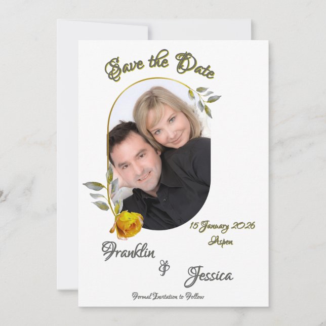 Weich gelbe Rose mit hellgrünem und goldgelbem Fot Save The Date (Vorderseite)