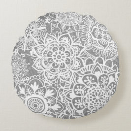 Weich-Grau-Weiß-Mandala-Muster Rundes Kissen