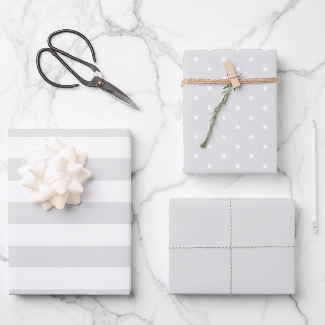 Weich graue Polka Dot weich gestreift und fest Geschenkpapier Set (Vorderseite)