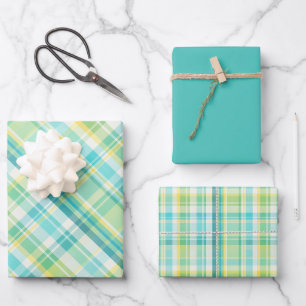 Weich grün, Aquamarin, blau, gelb und weiß Kariert Geschenkpapier Set