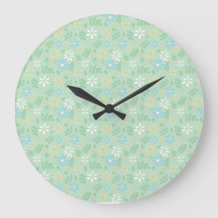 Weich grüne Blüte mit weißblauen gelben Blumen Große Wanduhr