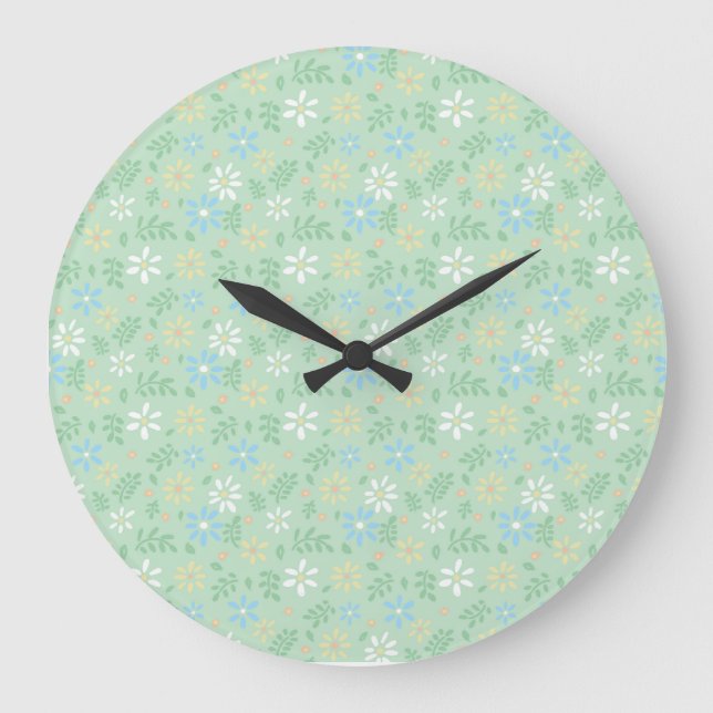 Weich grüne Blüte mit weißblauen gelben Blumen Große Wanduhr (Vorderseite)