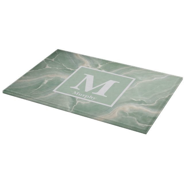 Weich grüner Marmor mit weißer Venen-Monogramm Schneidebrett (Ecke)