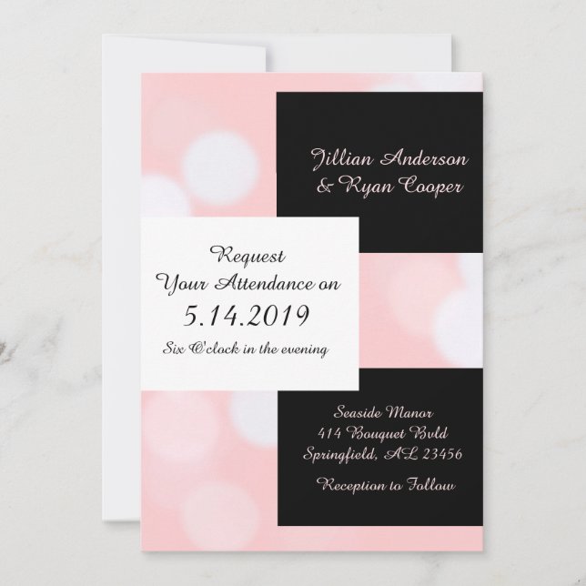 Weich Korallenrosa und Schwarz Elegante Hochzeit Einladung (Vorderseite)