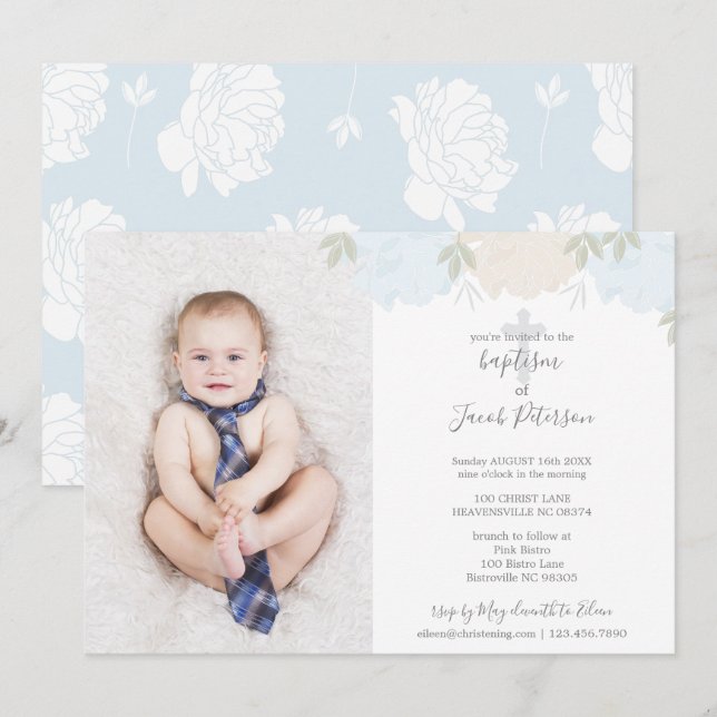 Weich Pastel Blaue Peonies Cross Boy Taufe Einladung (Vorne/Hinten)