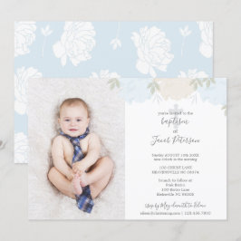 Weich Pastel Blaue Peonies Cross Boy Taufe Einladung