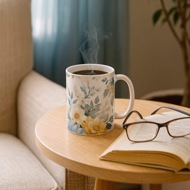 Weich Pastel floral Blue Dahlia Tasse (Pastel floral mug with steam, book, and glasses perfect for cozy mornings in a sunlit reading nook)