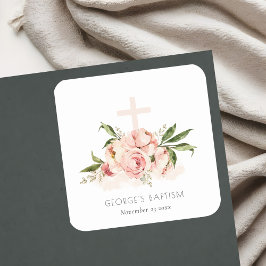 Weich Pastel Rose Blumenkreuz Taufe Quadratischer Aufkleber