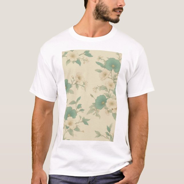 Weich Pastell Aquamarin und Creme floral Muster T-Shirt (Vorderseite)