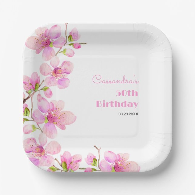 Weich Pastell Pink Cherry Blossom Sakura Geburtsta Pappteller (Vorderseite)