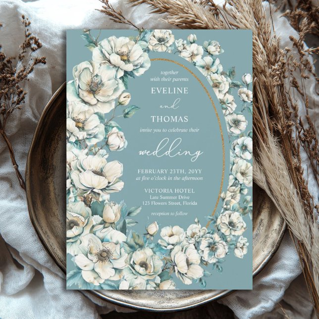 Weich pastellfarbene, türkisfarbene Rose boho Einladung (watercolor teal and gold mixed white flowers wedding invitation)