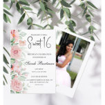 Weich pastellfarbenes Foto Aquarell Sweet 16 Einladung<br><div class="desc">Feiern Sie den besonderen Tag Ihrer Tochter mit diesem sanften pastellfarbenen Foto mit floralen Aquarellfarben Sweet 16 mit hübschen rosa Rosen und grüner floraler Wasserfarbe,  ein elegantes Drehbuch,  und fügen Sie einfach Ihr Foto auf der Rückseite.</div>