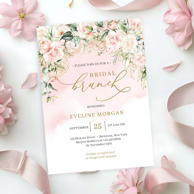 Weich pastellrosa Rosen und goldenes Brautbrunch Einladung (Ethereal pale pink roses sage greenery and gold bridal brunch invitation )