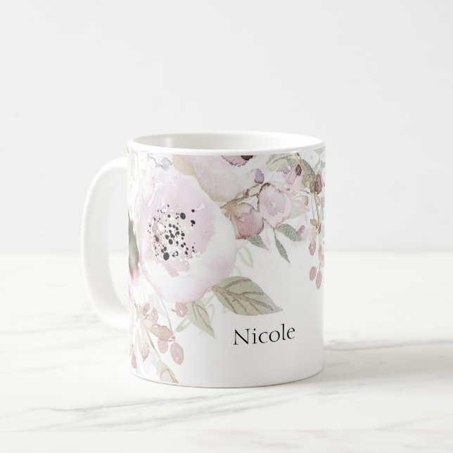 Weich rosa Aquarell Elegante Blume Kaffeetasse (Vorderseite Links)