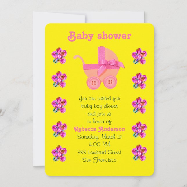 Weich rosa Babywagen, rosa, lila genähte Blume Einladung (Vorderseite)