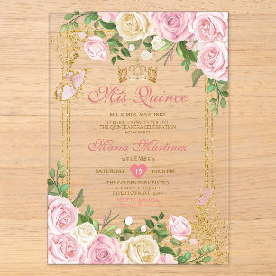 Weich rosa Birthday Gold Crown Mis Quince Acryleinladungen