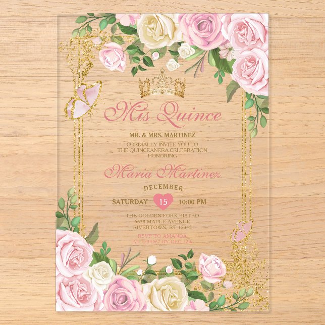 Weich rosa Birthday Gold Crown Mis Quince Acryleinladungen (Vorderseite)