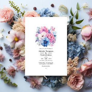 Weich-rosa-blaue Blütenhochzeit Einladung